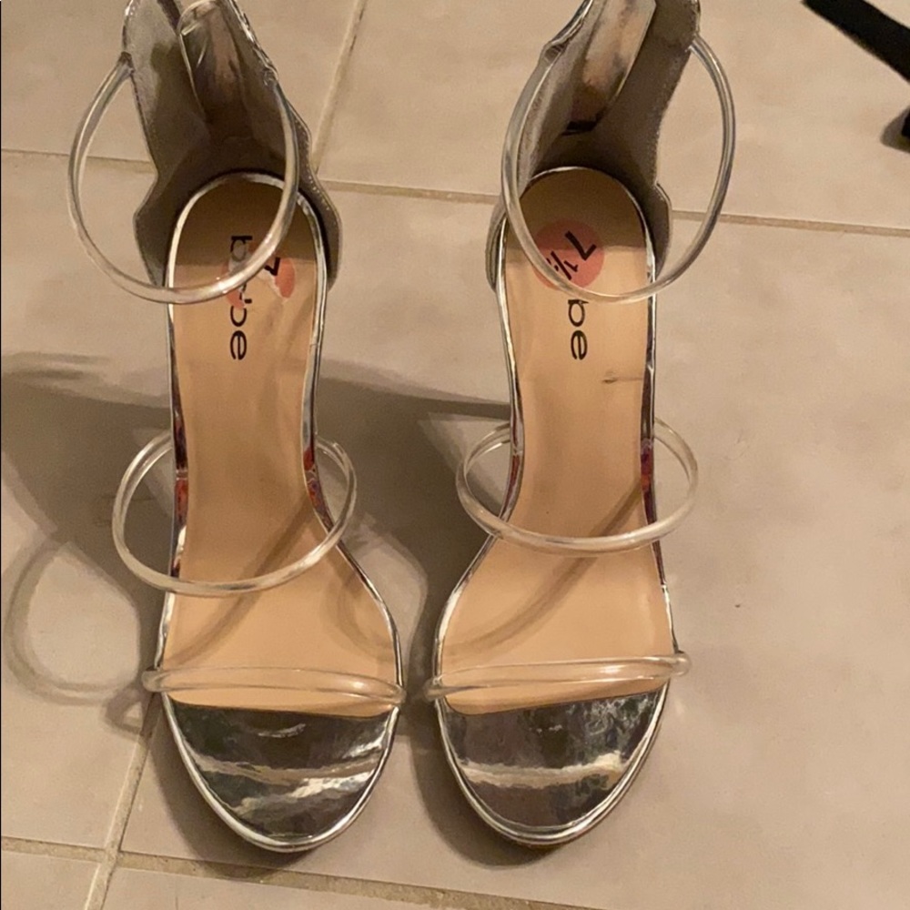 Bebe Silver Three Strap Clear heels